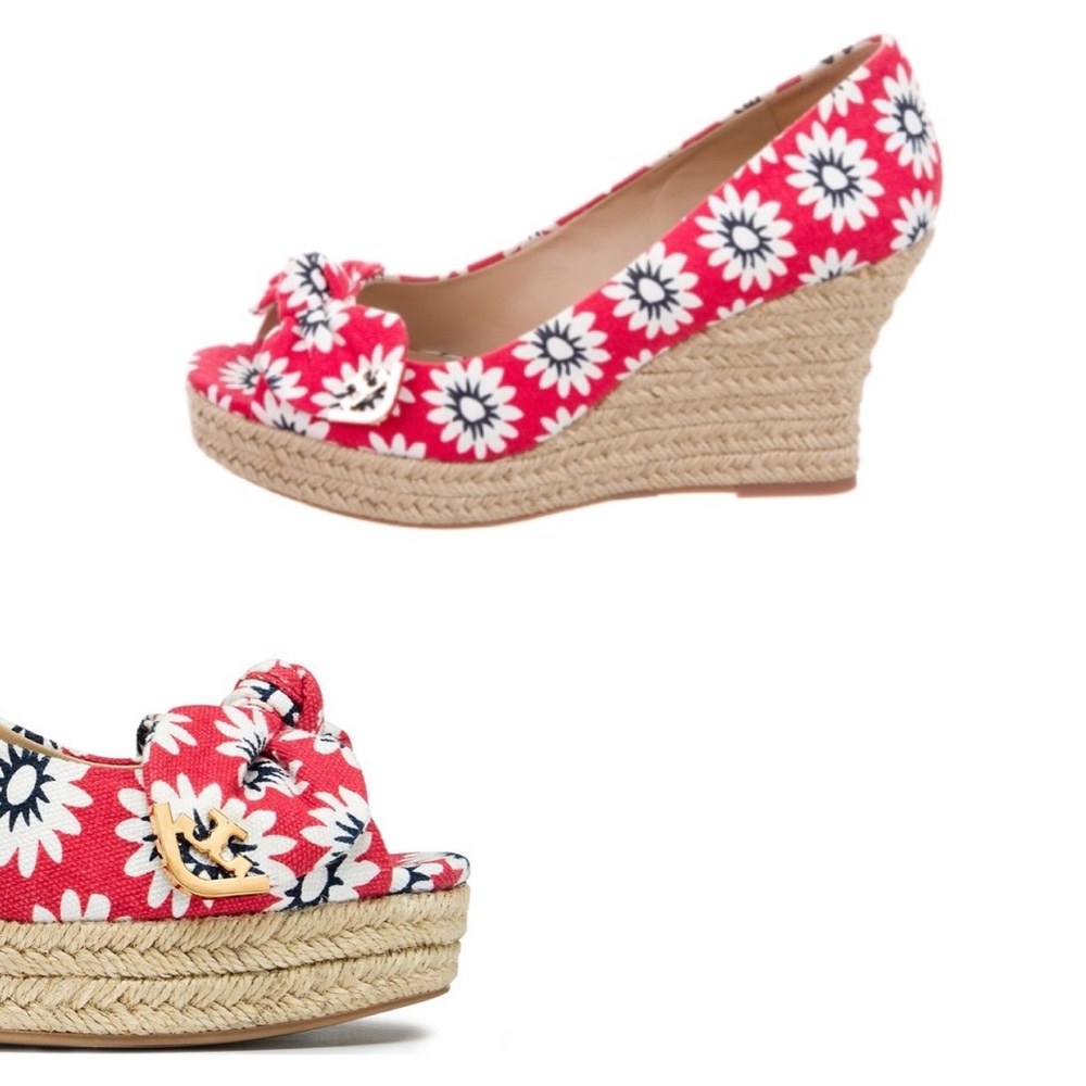 Tory Burch Red Floral Wedge Espadrilles
